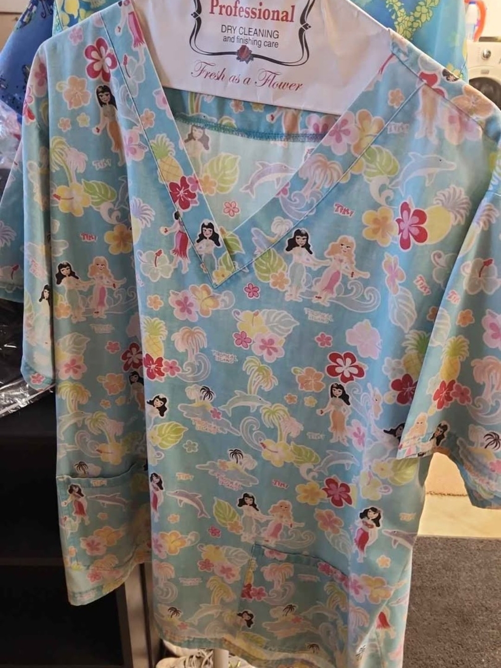Light Blue Mermaid Print Scrub Top
